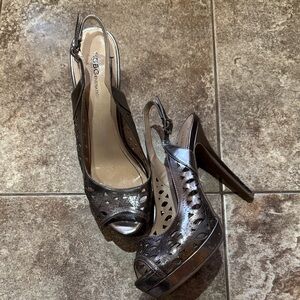 BCBGeneration Silver Peep-Toe Heels